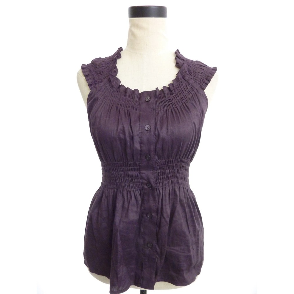 Banana Republic Purple Smocked Button Down Blouse Medium Sleeveless Top